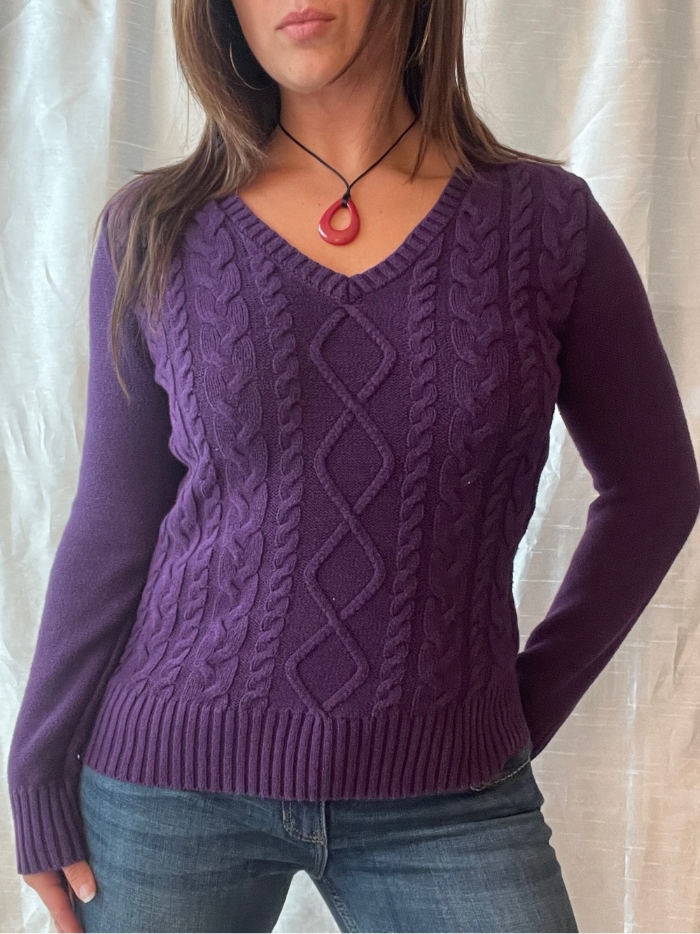 Chaps Ralph Lauren Cable Knit V Neck Sweater Purple Whimsigoth Dark Academia Y2K